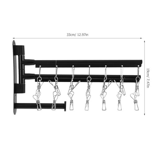 OSALADI Wall Mounted Utility Rack with 2-Tier Stainless Steel Multi Bar and 360° Rotating Arms, Black Clothes Drying Rack with No-Drill Installation and Strong Loadbearing for Laundry