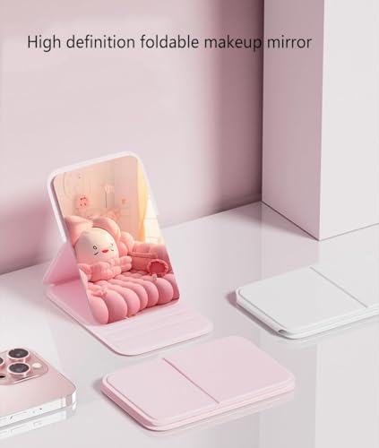 Rectangle 10x7cm Portable Folding Travel Mirror, PU Leather Travel, Free Standing Vanity, Tabletop Foldable (Pink)