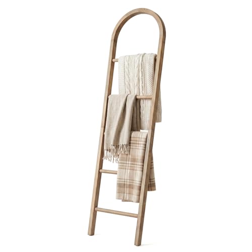 Wooden Blanket Ladder - Natural & Motley Wood - Leaning Wall Decor for Bedroom, Bathroom, Living Room - Rustic Quilt Holder & Towel Rack (Brown-Curved, 76in（5-Tier）) - color: Brown, Curved Top, size: 76"H, curved top