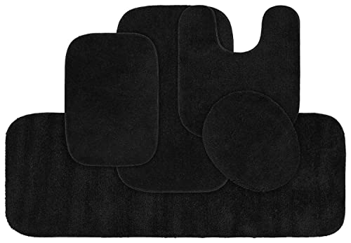 Garland Rug Traditional Nylon Washable Black 5 Piece Set - Lid, Contour, 3 Bath Rugs - Soft, Absorbent, and Stylish for Your Bathroom - color: Black, size: 5 Piece Set - Lid, Contour, 3 Bath Rugs