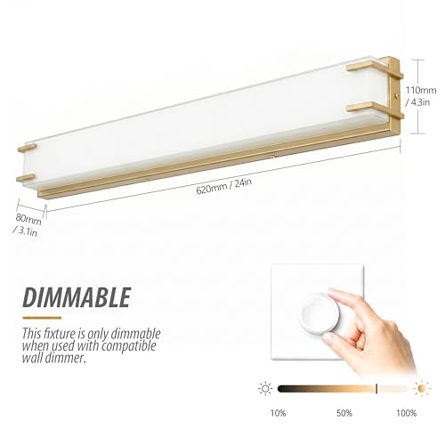 URSOLA LED Bathroom Light Fixtures Over Mirror 24.4” Vanity Light with Milky White Lampshade 4000K Daylight Gold Bath Bar (Gold) - color: Golden, size: 24inch