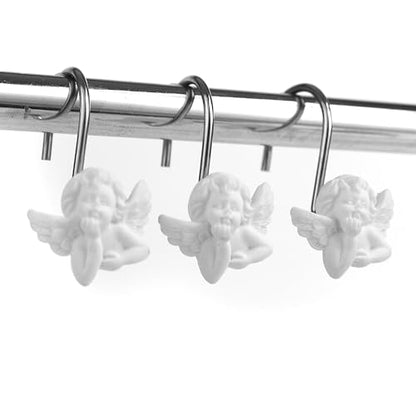 Twofish Home White Angel Shower Curtain Hooks Anti Rust Shower Curtain Hooks Decorative Resin White Angel Shower Curtain Rings Set of 12 - color: White Angel-1