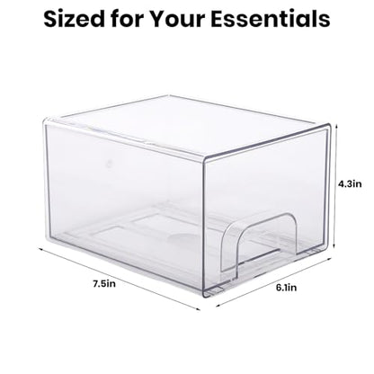 4 Pack Small Clear Stackable Storage Drawers | Acrylic Bathroom Makeup Organizer Plastic Storage Bins For Vanity Undersink Kitchen Cabinets Pantry Home Organization
