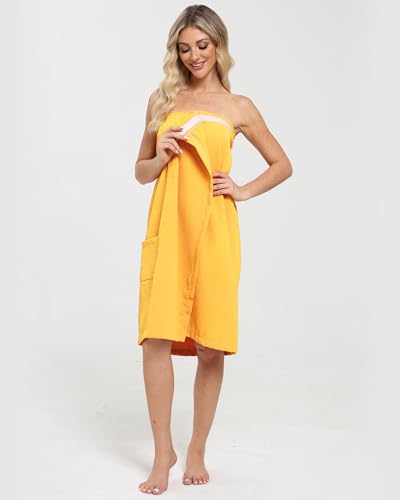Lightweight Waffle Bath Towel Wraps for Women after Shower | Soft, Knee Length, Adjustable Closure, Thin Robe Body Bathrobes with Pocket for Spa, Gym, Sauna, Beach & Pool - color: 3 Pack Sauna Towel Wrap for Women Yellow