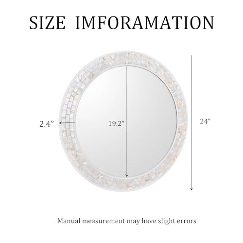 24 Inch Round Mirrors with Mosaic Frame for Wall | Natural Mother of Pearl Inlay, Coastal White Framed Circle Mirror with Tempered Glass for Bathroom, Bedroom or Entryway - size: 24"L x 24"W