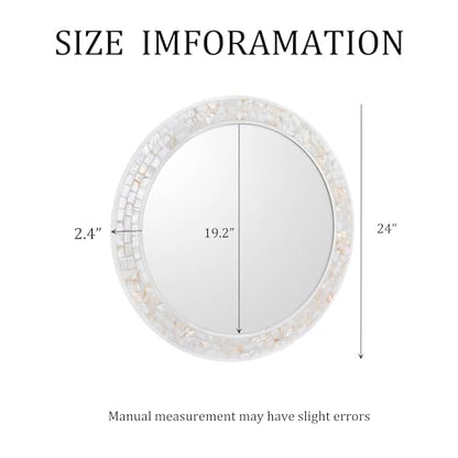 24 Inch Round Mirrors with Mosaic Frame for Wall | Natural Mother of Pearl Inlay, Coastal White Framed Circle Mirror with Tempered Glass for Bathroom, Bedroom or Entryway - size: 24"L x 24"W