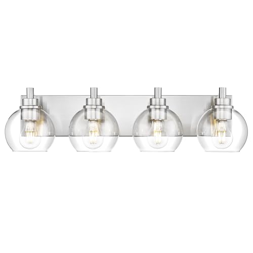 4-Light Brushed Nickel Bathroom Vanity Light, Clear Glass Globes | 26" modern bathroom light fixtures over mirror, E26 base, bulbs not included, VL195-BN-CL-4 - color: Brushed Nickel, Clear Glass, size: 4-light