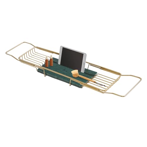 Expandable Bathtub Tray, Stainless Steel Bath Tub Caddy with Marble Base, Adjustable Over Tub Rack with Phone Tablet Holder, Bathtub Organizer (Gold) - color: Gold