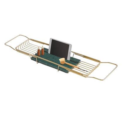 Expandable Bathtub Tray, Stainless Steel Bath Tub Caddy with Marble Base, Adjustable Over Tub Rack with Phone Tablet Holder, Bathtub Organizer (Gold) - color: Gold