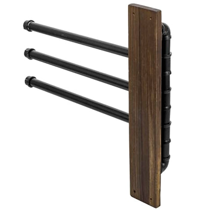 MyGift Wall Mount Swivel Towel Rack with 3 Tier Metal Pipe Bars & Wood Base | Swing-out design keeps towels organized and accessible while adding rustic industrial style to bathrooms, and pools areas - color: Burnt Wood / Black