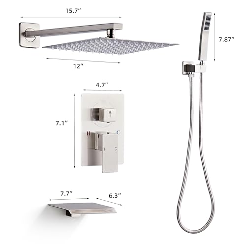 Shower Faucet Set with Tub Spout, Brushed Nickel Rainfall Shower System Complete Wall Mounted for Bathroom with 12 Inch Square Shower Head and Handheld Shower Head Rain Mixer Combo Set - color: Brushed Nickel, style: 12 Inch with Tub Spout