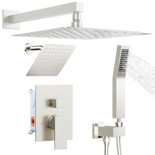 STARBATH Shower Faucet Set Shower System with Diverter Valve Brushed Nickel | 12 Inch Rain Shower Head, 6 Inch Wall Mount Shower Head and Handheld Spray for Two Person, Luxury Shower Sets Complete - color: Brushed Nickel, size: 12"+6"-01