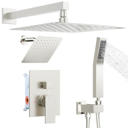STARBATH Shower Faucet Set Shower System with Diverter Valve Brushed Nickel | 12 Inch Rain Shower Head, 6 Inch Wall Mount Shower Head and Handheld Spray for Two Person, Luxury Shower Sets Complete - color: Brushed Nickel, size: 12"+6"-01