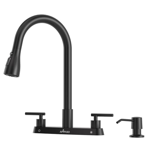 APPASO 4 Hole Kitchen Faucet with Pull Down Sprayer Matte Black 8'' Center | Black Kitchen Faucets with Soap Dispenser, High Arc Modern Sink Faucet for 3-4 Hole Standard Sinks, Lead-Free Certified - color: 1-Black