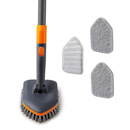 CLEANHOME Tile Tub Scrubber Brush for Cleaning Toilet Wall,Bathtub,Sink | 3 Different Function Cleaning Heads, 56" Extendable Long Handle, Bathroom No Scratch Shower Scrubber - color: Gray