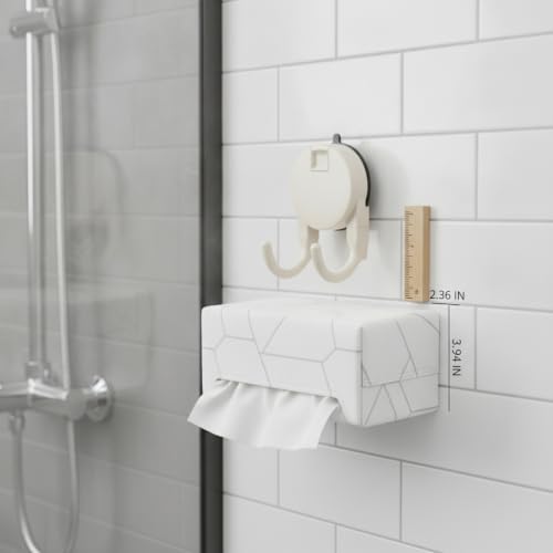 Suction Cup Tissue Box Holder for Bathroom, Wall Mount Dispenser with Double Hooks for Tile & Glass, No Drilling Required (Gray/White) - color: White