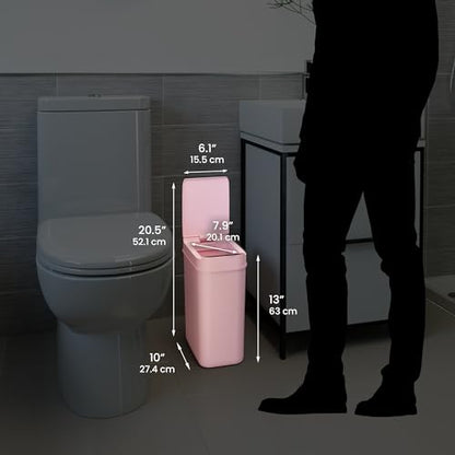 iTouchless 3 Gallon Sensor Bathroom Trash Can, 10 Liter Slim Touchless Automatic Small Garbage Bin with Lid, Narrow Smart Motion Control Commercial Wastebasket for Bedroom, Office, Pink Plastic