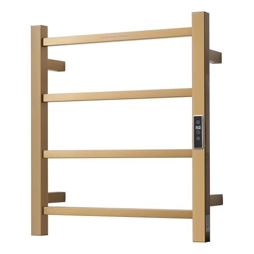 Electric Heated Towel Warmer - Wall Mounted Bathroom Towel Rack, Plug-in Design & Gold Brushed Stainless Steel Finish Gold with Timer & Temperature Control, 4 Bar - color: Square Gold With Timer, size: 4 Bar