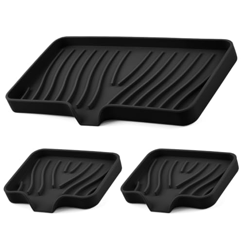 Silicone Soap Dish with Drain Spouts, Bar Soap Holder, Self-Draining Sink Organizer Kitchen Sponge Tray, Non-Slip Dispensers for Bathroom, Kitchen (Black, 1 Long + 2 Short) - color: Black