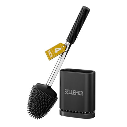 Silicone Toilet Brush, Ventilation Slots Base Holder 4 Pack, Black | Flexible Bristles Flat Head for Rim, Hair Tangle-Free, Easy to Clean, Compact Design, Rustproof Handle, for Toilet/Sink/Tub - color: Black-4pcs