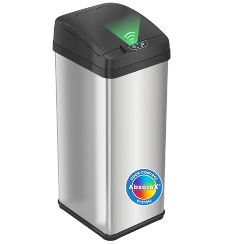 iTouchless 13 Gallon Sensor Kitchen Trash Can with Lid and Odor Filter, Stainless Steel Trashcan Extra-Wide Lid Opening Slim Garbage Bin for Home Office Work Bedroom Living Room Garage Large Capacity - color: Black, Silver 13 Gal