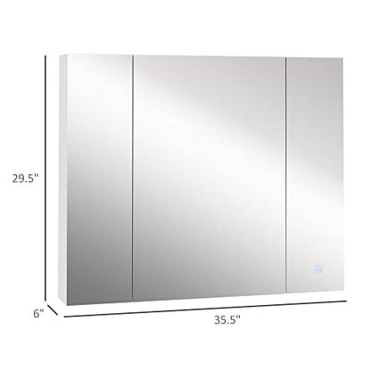 kleankin LED Medicine Cabinet with Mirror, 3 Doors, USB, Wall Mount, White | 35.5 x 29.5" Bathroom Vanity Mirror, rganizer, Dimmer, Touch Switch
