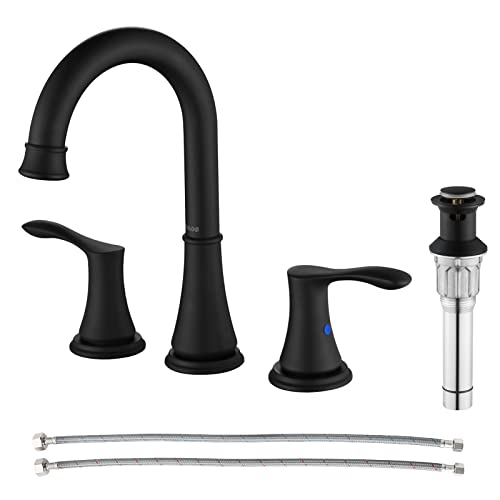 Matte Black Widespread Bathroom Sink Faucet 8 Inch for Vanity | with All Metal Pop Up Drain, High Arc 2 Handle Lead-Free Deck Mount Bathroom Faucet for 3 Hole Lavatory Utility Sink - color: Matte Black