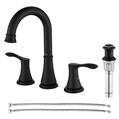 Matte Black Widespread Bathroom Sink Faucet 8 Inch for Vanity | with All Metal Pop Up Drain, High Arc 2 Handle Lead-Free Deck Mount Bathroom Faucet for 3 Hole Lavatory Utility Sink - color: Matte Black