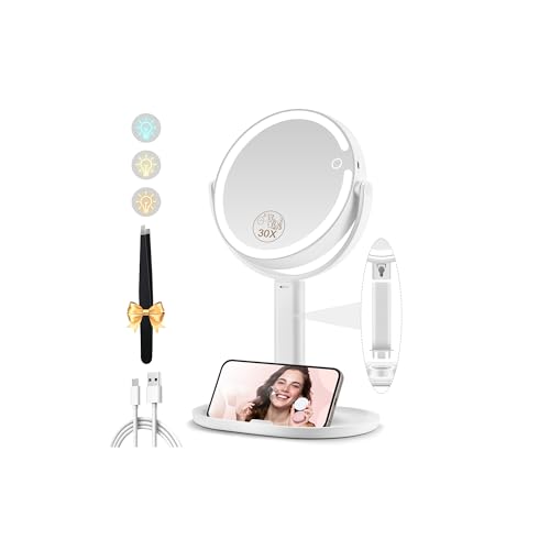 MOMOKUBA Makeup Mirror with Lights, 30X Magnifying Mirrors, Height Adjustable, Vanity Mirror with Lights Rechargeable 3 Color Modes, Double-Sided Detachable Travel Mirrors, Gift for Women (White-30X) - color: Pure White