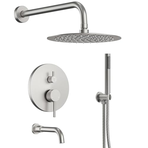 10" High-Pressure Rainfall Shower System with Handheld Spray, Wall Mount Bathroom Shower Faucet Set with Tub Spout (Brushed Nickel) - color: Brushed Nickel, style: With Tub Spout