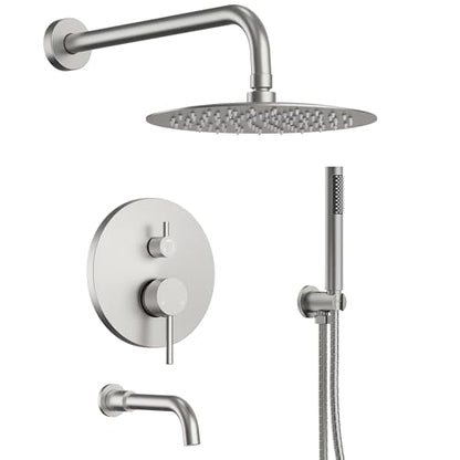 10" High-Pressure Rainfall Shower System with Handheld Spray, Wall Mount Bathroom Shower Faucet Set with Tub Spout (Brushed Nickel) - color: Brushed Nickel, style: With Tub Spout