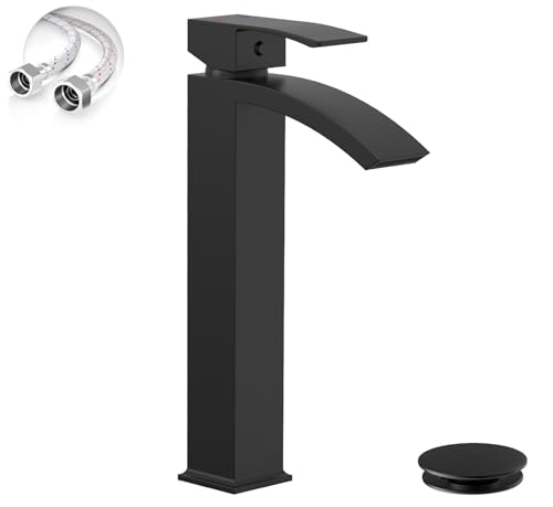 Matte Black Vessel Sink Faucet, Waterfall Bathroom Faucets | Brass, Tall Spout, Single Handle 1 Hole Bathroom Faucet, Modern Basin Taps with Supply Line, Pop Up Drain, Without Overflow - color: Matte Black, size: Tall