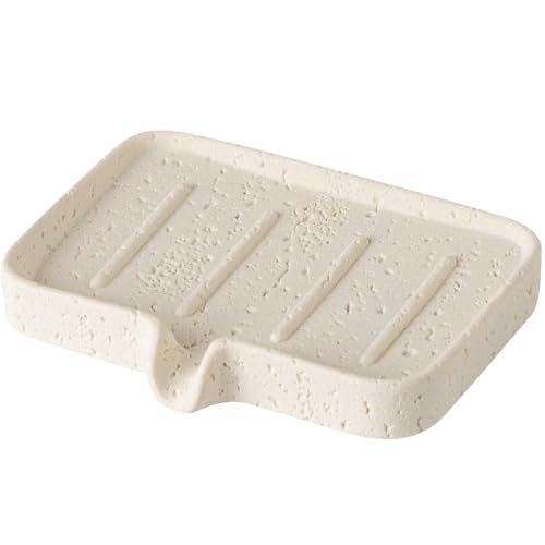 Soap Dish, Bar Soap Holder, Travertine Stone Look, Off White | Self Draining,Sponge Holders Tray for Shower,for Dispenser,Scrubber,Bottle,Cup on Bathroom Kitchen Bathtub Sink or Counter - color: White