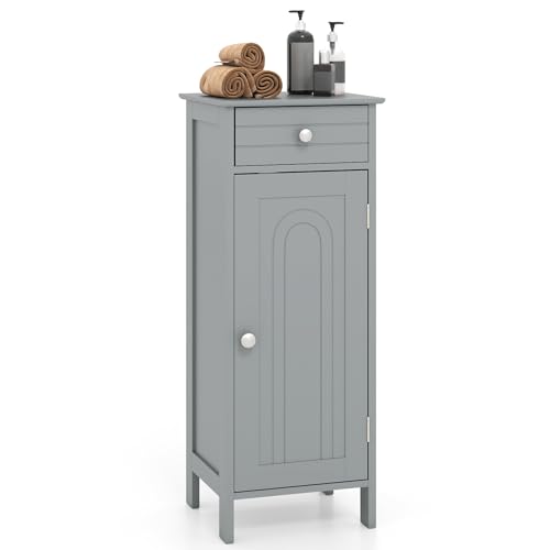Giantex 34.5" Bathroom Cabinet with Drawer & Single Door (Grey) | Narrow Side Storage Organizer with 6 Shelf Positions, Freestanding Floor Storage Cabinet for Bathroom, Living Room, Entryway - color: Grey, size: 12"D x 14"W x 34.5"H