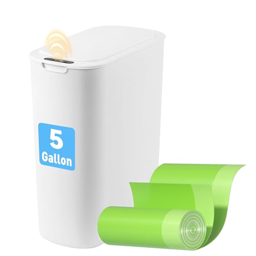 FRESHLIX Automatic Motion Sensor Bathroom Trash Can with Lid, 5 Gallon Touchless Trash Bin,Smart Electric Narrow Waterproof Garbage Bin for Toilet, Office, Bedroom, Living Room, Dorm (White - color: White