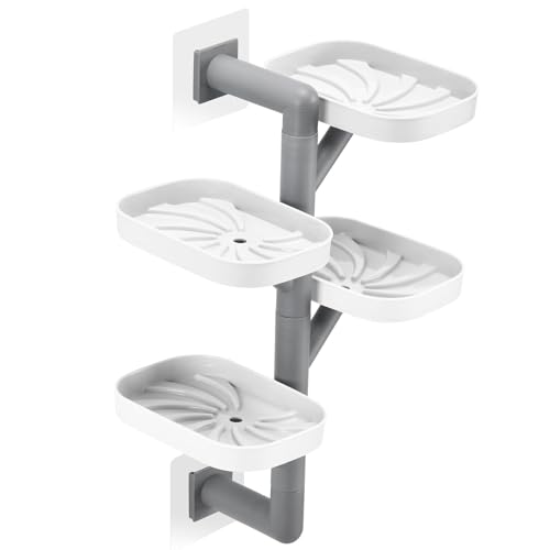Soap Holder Four Layer Wall Mounted NO-Drilling Rotatable Self-draining Removable Soap Dish for Shower Bathroom Tray,Self Draining Sponge Holder,Razor Holder (White/Gray) - color: White/Gray