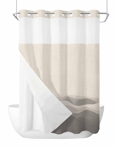 No Hook Shower Curtain and Snap in Liner Set, Grey Beige Ombre Bathroom Stall Shower Curtains 48x72 Inch, See Through Mesh Top Window, Minimalist Ocean Waves Linen Hotel Style, Washable Waterproof - size: 48"W x 72"L (Pack of 1)