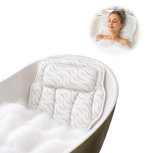 Wavy 4D Air Mesh Bath Pillow for Tub Neck and Back Support | Includes 6 anti-slip suction cups and a built-in hook for quick drying. Excellent ergonomic spa accessories gift for adults.
