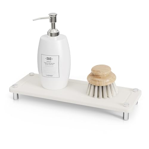 Kitchen Sink Caddy Diatomite Water Absorbing Stone Tray, White | Bathroom Countertop Organizer Faucet Drying Mat Coaster Soap Dish Sponge Dispenser Holder - color: White