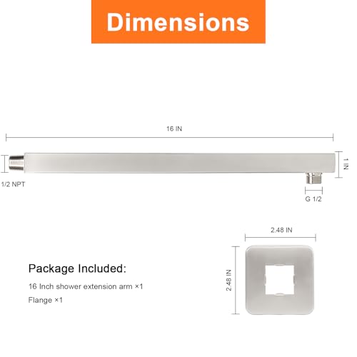 Shower Arm, Rain Shower Head Extension Extender, With Flange and Teflon Tape, Made of Thicken Stainless Steel for Bathroom Rainfall Shower (16 Inch, Brushed Nickel) - color: Brushed Nickel, style: 16 Inch