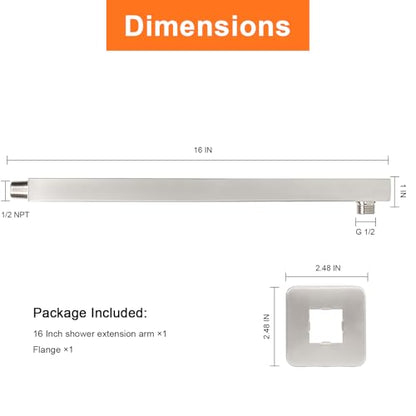 Shower Arm, Rain Shower Head Extension Extender, With Flange and Teflon Tape, Made of Thicken Stainless Steel for Bathroom Rainfall Shower (16 Inch, Brushed Nickel) - color: Brushed Nickel, style: 16 Inch
