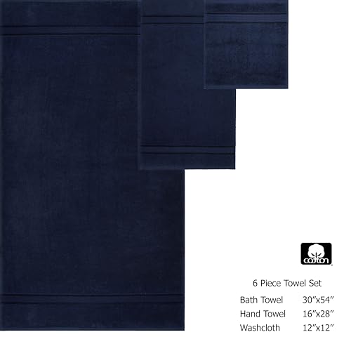 COTTON CRAFT Ultra Soft 6 Piece Towel Set - 100% Cotton Towels - Navy | Absorbent 580 GSM Quick Dry Everyday Premium Luxurious Bathroom Towels - 2 Large Bath Towels, 2 Hand Towels, 2 Washcloths - color: Night Sky, size: 6 Piece Towel Set