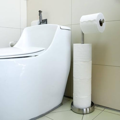 Toilet Paper Holder Stand with Storage Weighted (SUS304 Stainless Steel) | freestanding tp holder | silicone non-slip base | large storage capacity | tidy organized bathroom | 2mm thickened steel - color: 304 Brushed Silvery