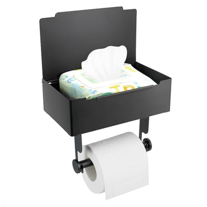 Matte Black Toilet Paper Storage Holder with Shelf for Wet Wipes, Sanitary Tampon, Trash Bags, Bathroom Wipes Holder Accessory Space Saver and Organizer