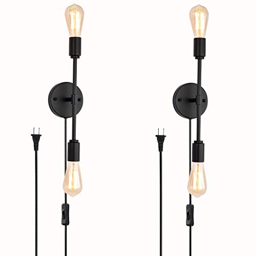 Black 2 Light Plug in Wall Sconce Set of 2 for Bathroom Farmhouse | 2-in-1 plug in hardwire wall sconce with on off switch cord 2 pack black industrial lamp fits E26 bulbs for indoor use