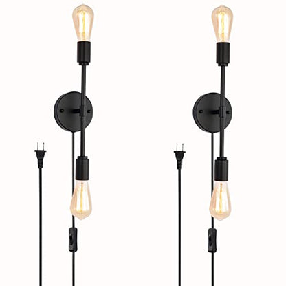 Black 2 Light Plug in Wall Sconce Set of 2 for Bathroom Farmhouse | 2-in-1 plug in hardwire wall sconce with on off switch cord 2 pack black industrial lamp fits E26 bulbs for indoor use