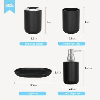 Black Bathroom Accessories Set 4 PCS, Black Bathroom Accessories | Plastic Soap Dispenser and Toothbrush Holder Set, Soap Dish and Mouthwash Cup, Boho Bathroom Decor, Bathroom Set - size: 4Pcs Black