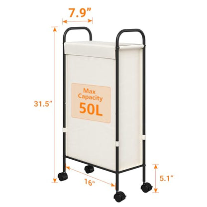 ELYKEN Slim Laundry Hamper with Lid & Wheels, 50L Rolling Laundry Basket | 7.9" Narrow Design, 50L, Removable Liner Bag, Lockable Wheels, Space Saving Clothes Hamper for Bathroom, Bedroom, Closet - style: Creamy-50L