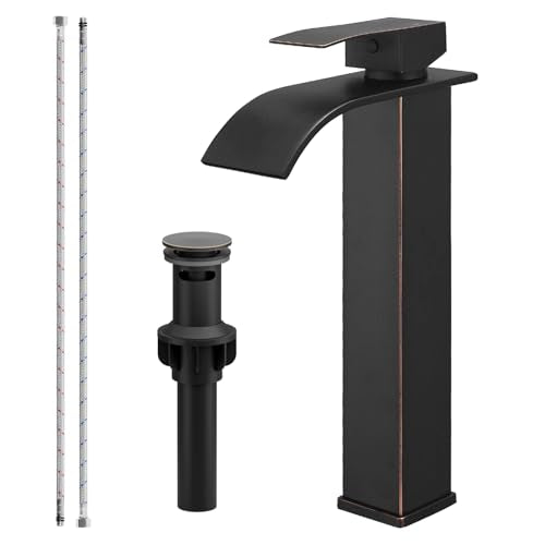 Bathroom Faucet Oil Rubbed Bronze, Bathfinesse Faucet for Bathroom Sink 1 Hole One Handle Deck Mount Veseel Sink Bowl with Pop-up Drain Stopper and Supply Hoses - color: Oil Rubbed Bronze, size: Tall with Drain Assembly