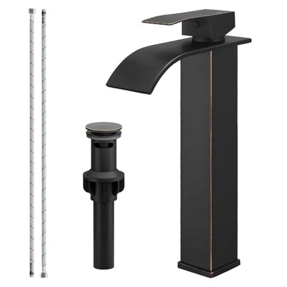 Bathroom Faucet Oil Rubbed Bronze, Bathfinesse Faucet for Bathroom Sink 1 Hole One Handle Deck Mount Veseel Sink Bowl with Pop-up Drain Stopper and Supply Hoses - color: Oil Rubbed Bronze, size: Tall with Drain Assembly